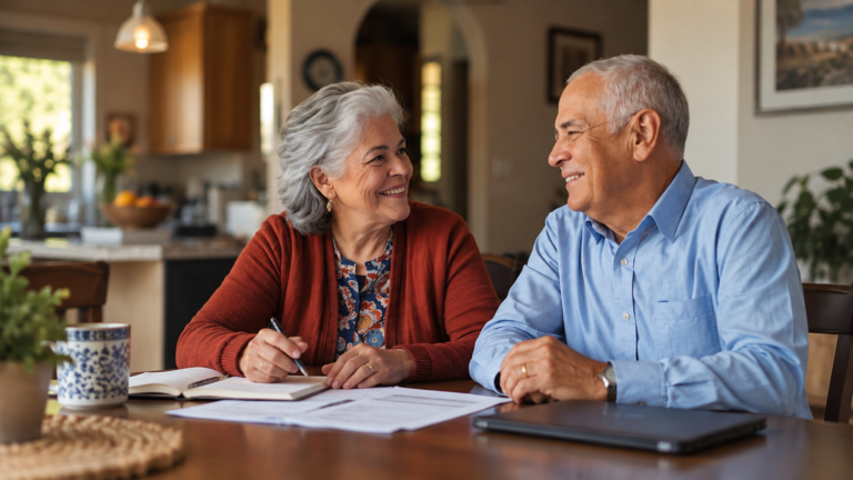 Couple in their 50s discussing long-term care planning at home