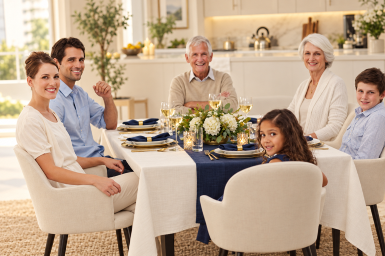 Multigenerational family sharing a meal while planning for independence and future long-term care needs.