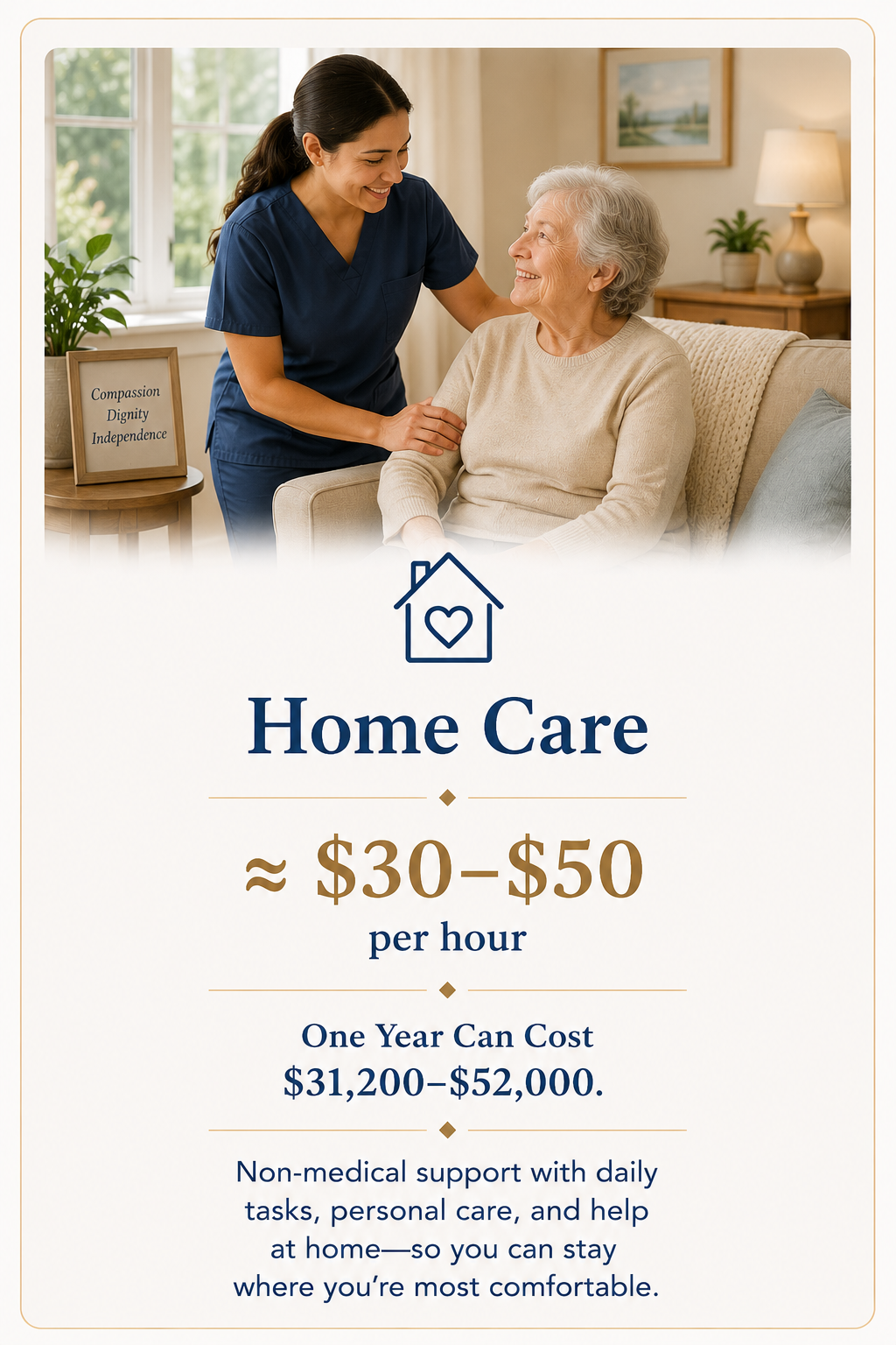 Professional caregiver assisting an older adult at home, illustrating non-medical home care services and the average hourly cost of home care in New Mexico.