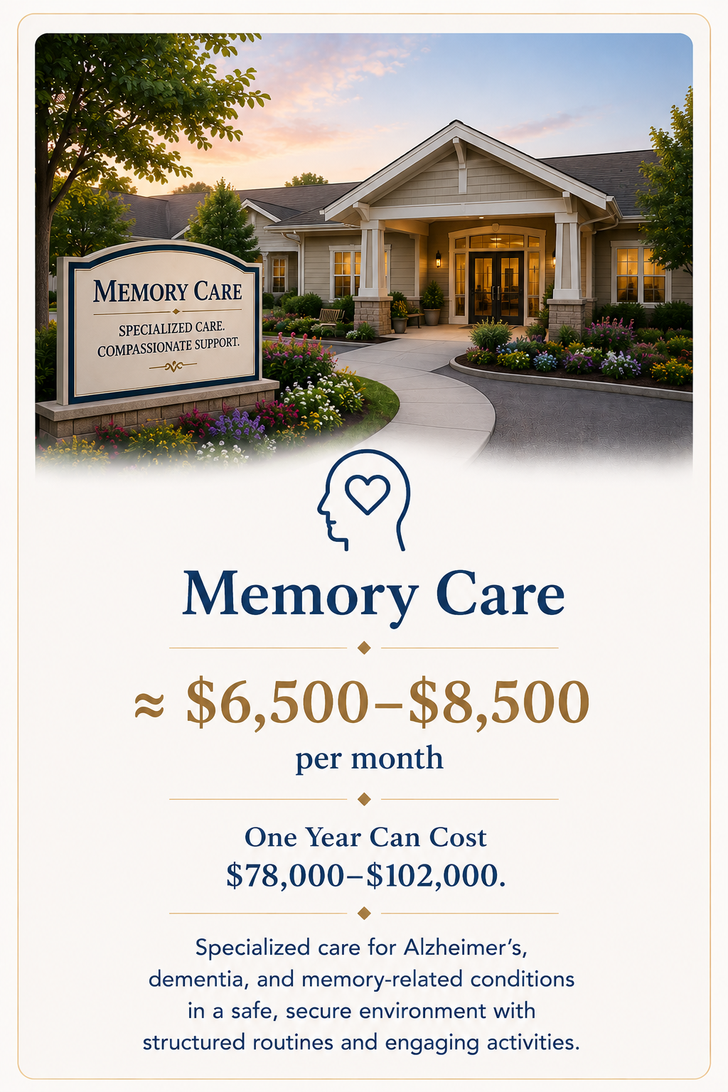 Memory care community providing specialized care for individuals with Alzheimer's disease, dementia, and other memory-related conditions in a safe and supportive environment.