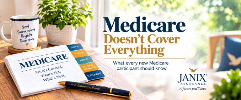 Medicare planning guide illustrating coverage gaps and Medicare options from Janix Assurance.