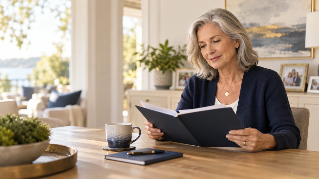 Woman reviewing retirement planning materials at home, surrounded by family photos and a warm, comfortable living space.