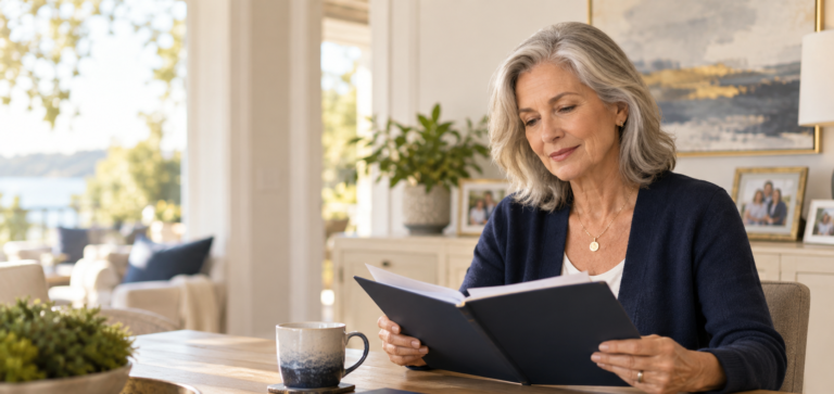 Woman reviewing retirement planning materials at home, surrounded by family photos and a warm, comfortable living space.